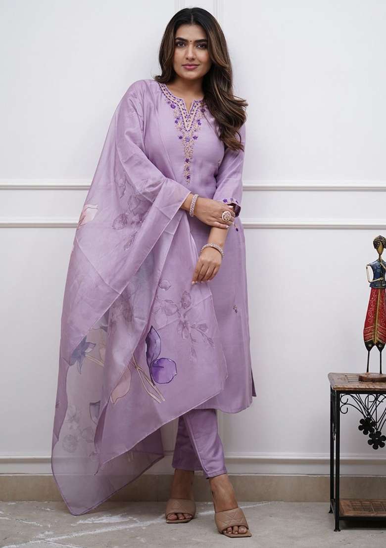 Lavender Sequins Chinon Kurta Set - Indya