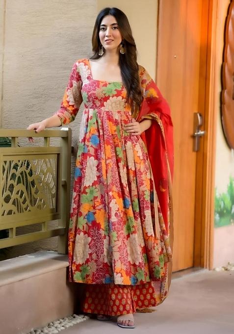 Red Sequins Chinon Kurta Set