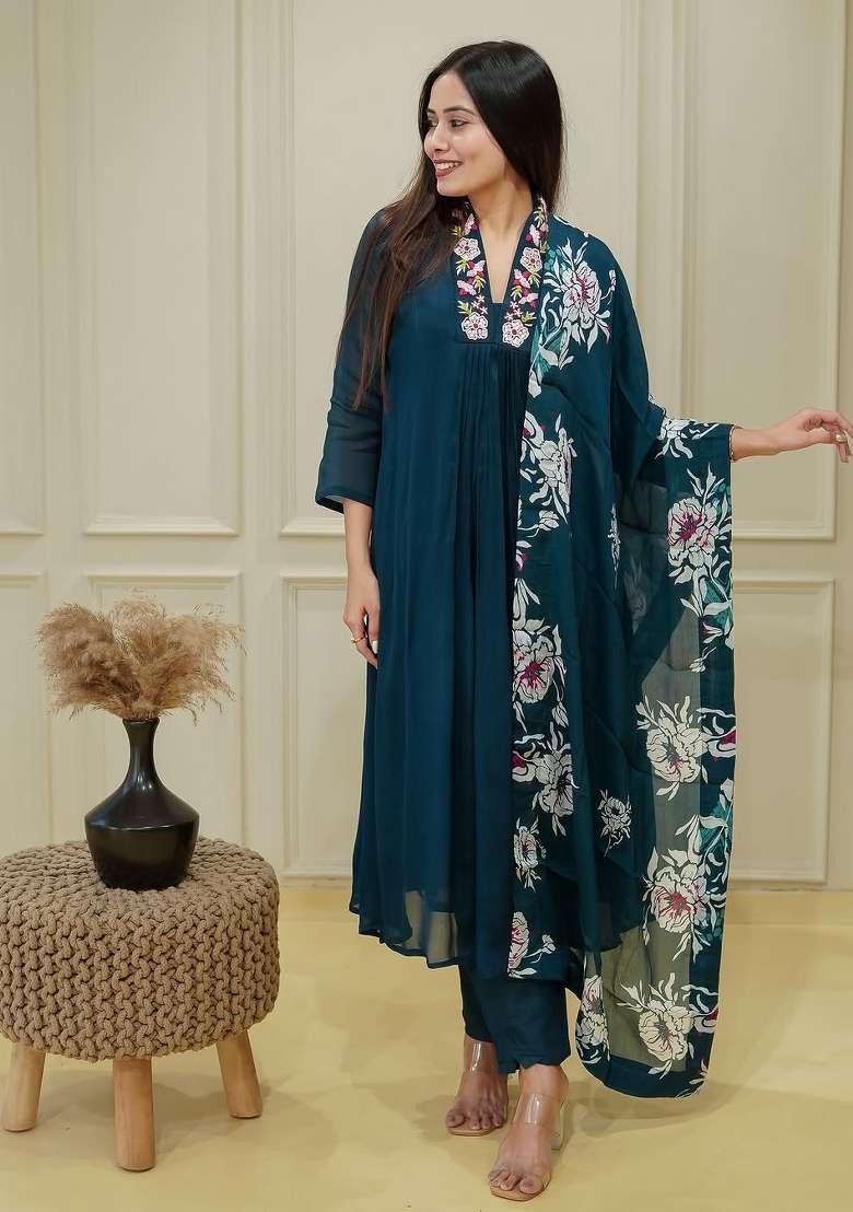 Teal Sequins Chinon Kurta Set - Indya
