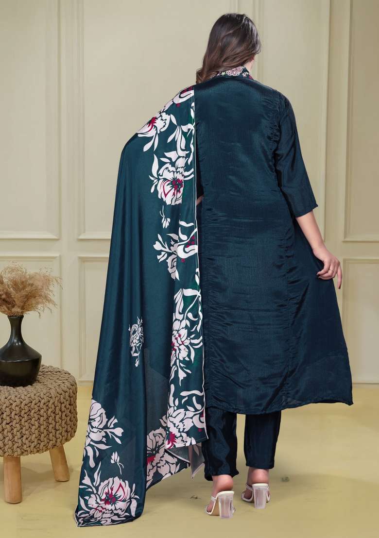 Teal Sequins Chinon Kurta Set - Indya