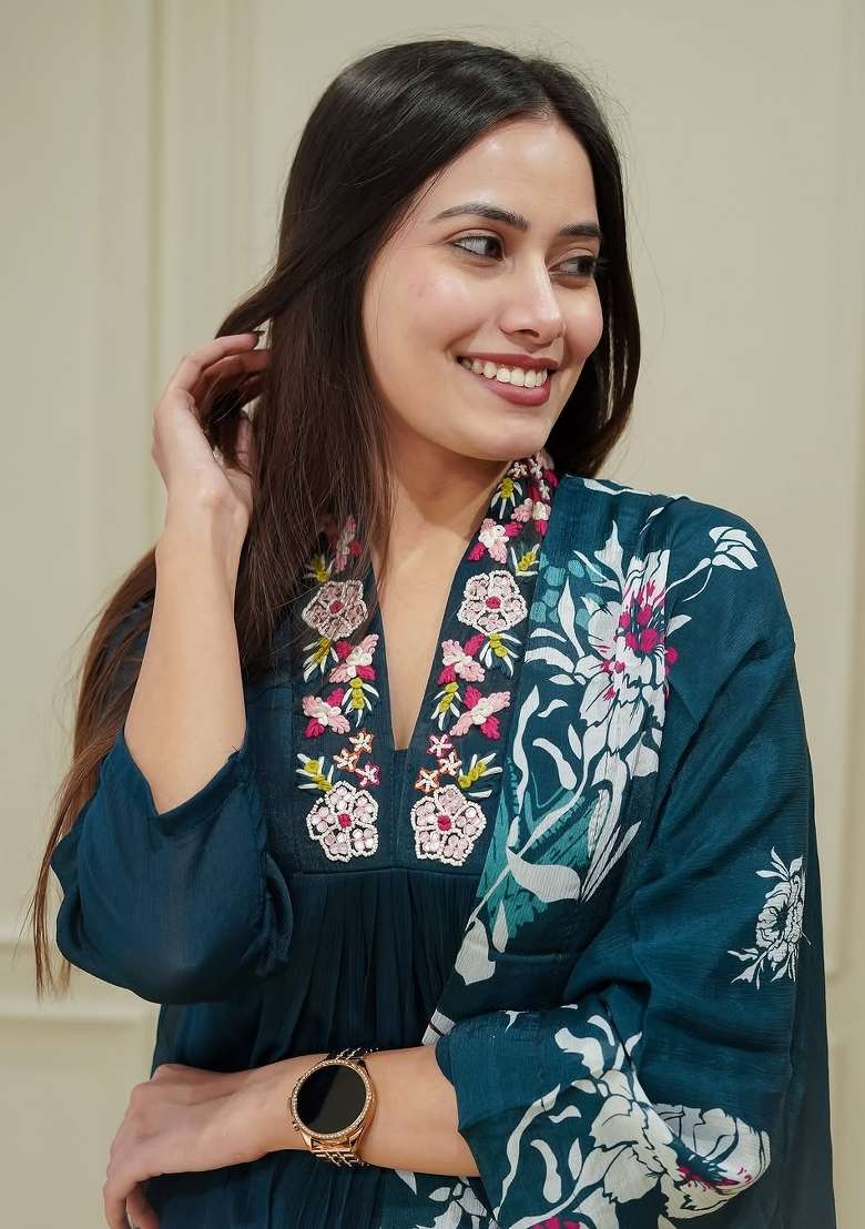 Teal Sequins Chinon Kurta Set - Indya
