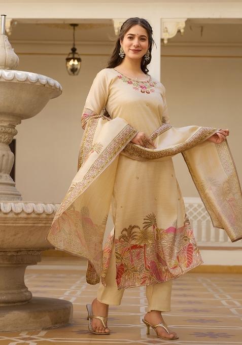 Cream Sequins Chinon Kurta Set