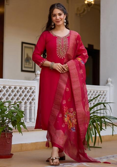 Pink Sequins Chinon Kurta Set