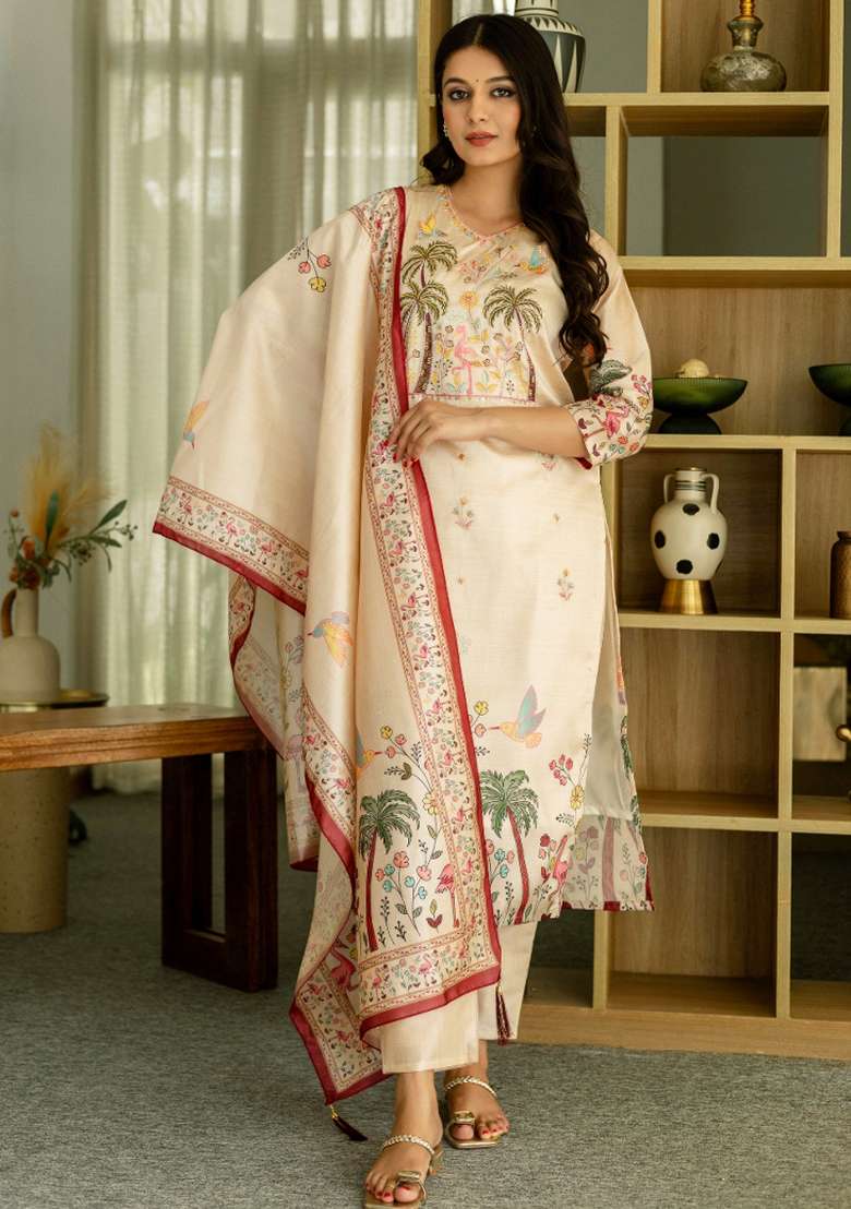 Off-White Sequins Chinon Kurta Set - Indya