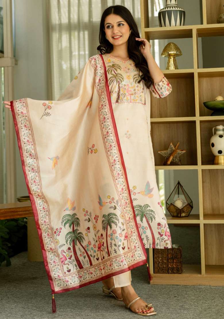 Off-White Sequins Chinon Kurta Set - Indya