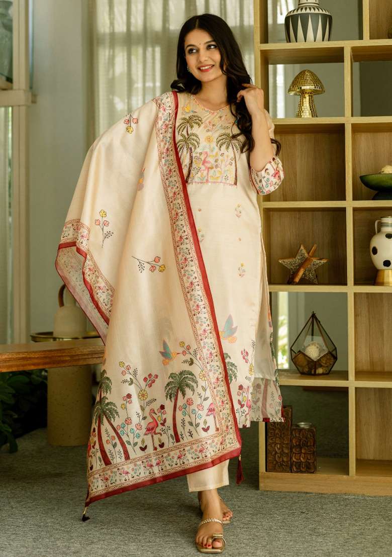 Off-White Sequins Chinon Kurta Set - Indya