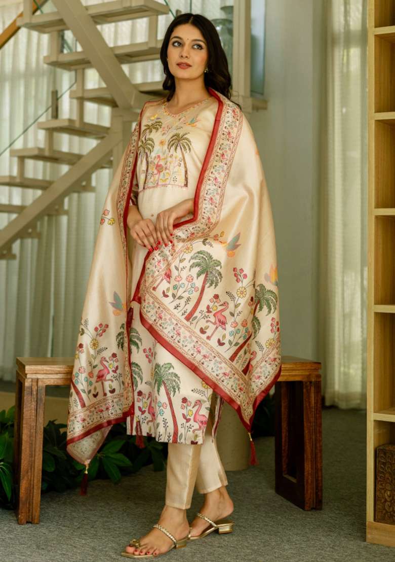 Off-White Sequins Chinon Kurta Set - Indya