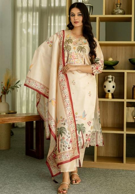 Off-White Sequins Chinon Kurta Set