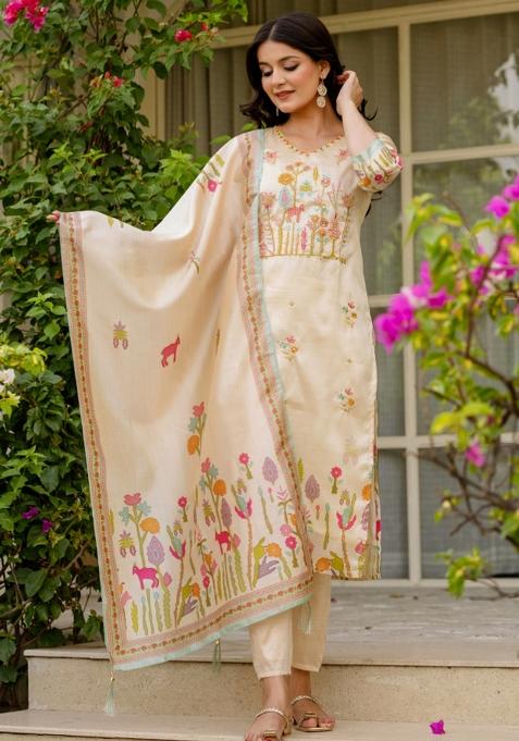 Cream Sequins Chinon Kurta Set