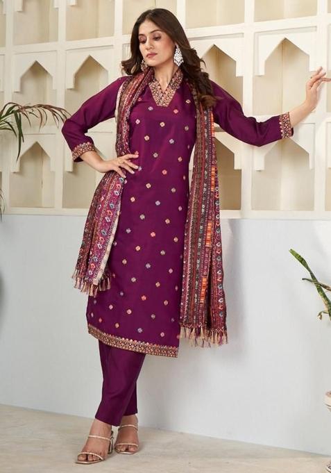 Wine Sequins Chinon Kurta Set