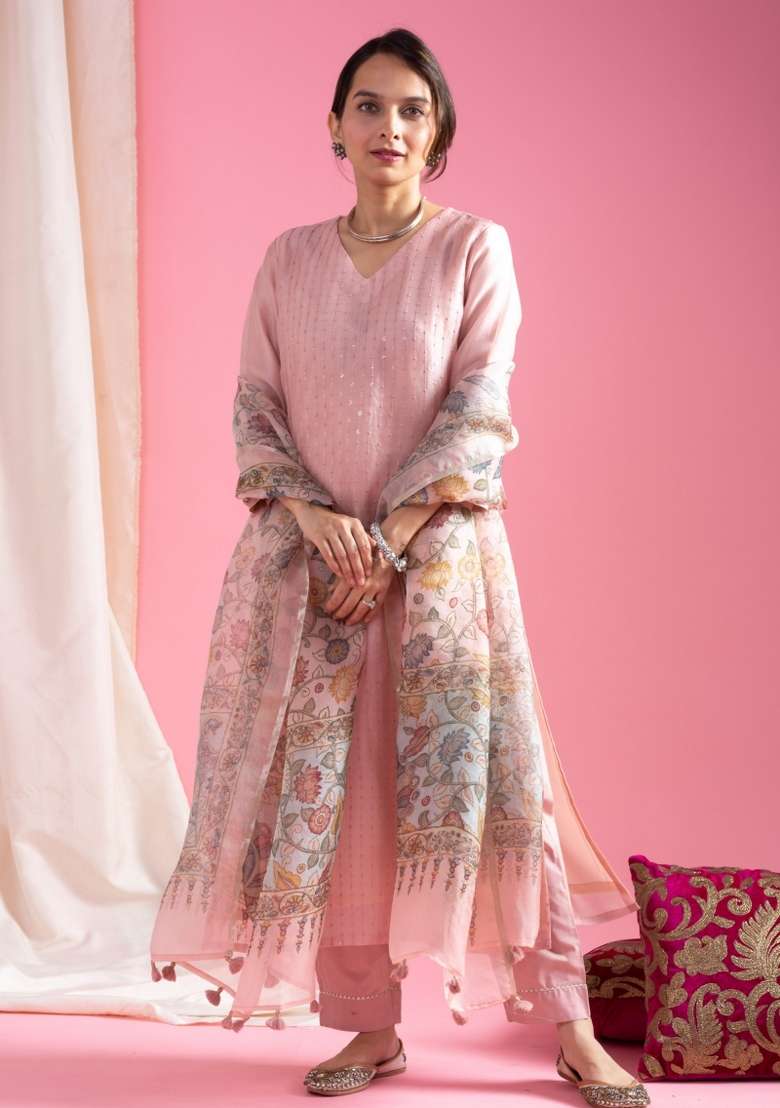 Peach Sequins Chinon Kurta Set - Indya