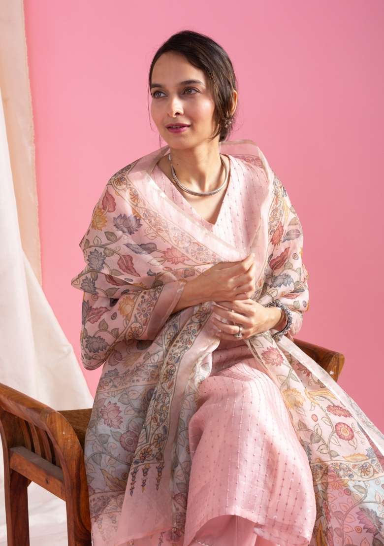 Peach Sequins Chinon Kurta Set - Indya