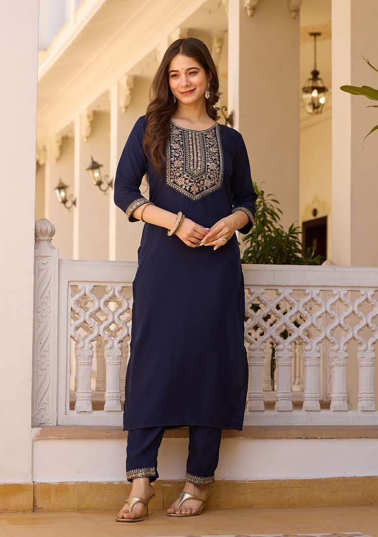 Navy Blue Sequins Chinon Kurta Set - Indya