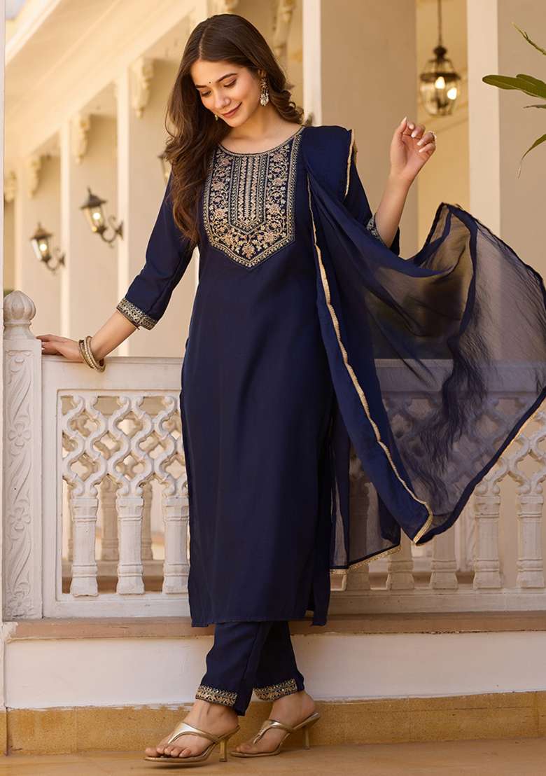 Navy Blue Sequins Chinon Kurta Set - Indya