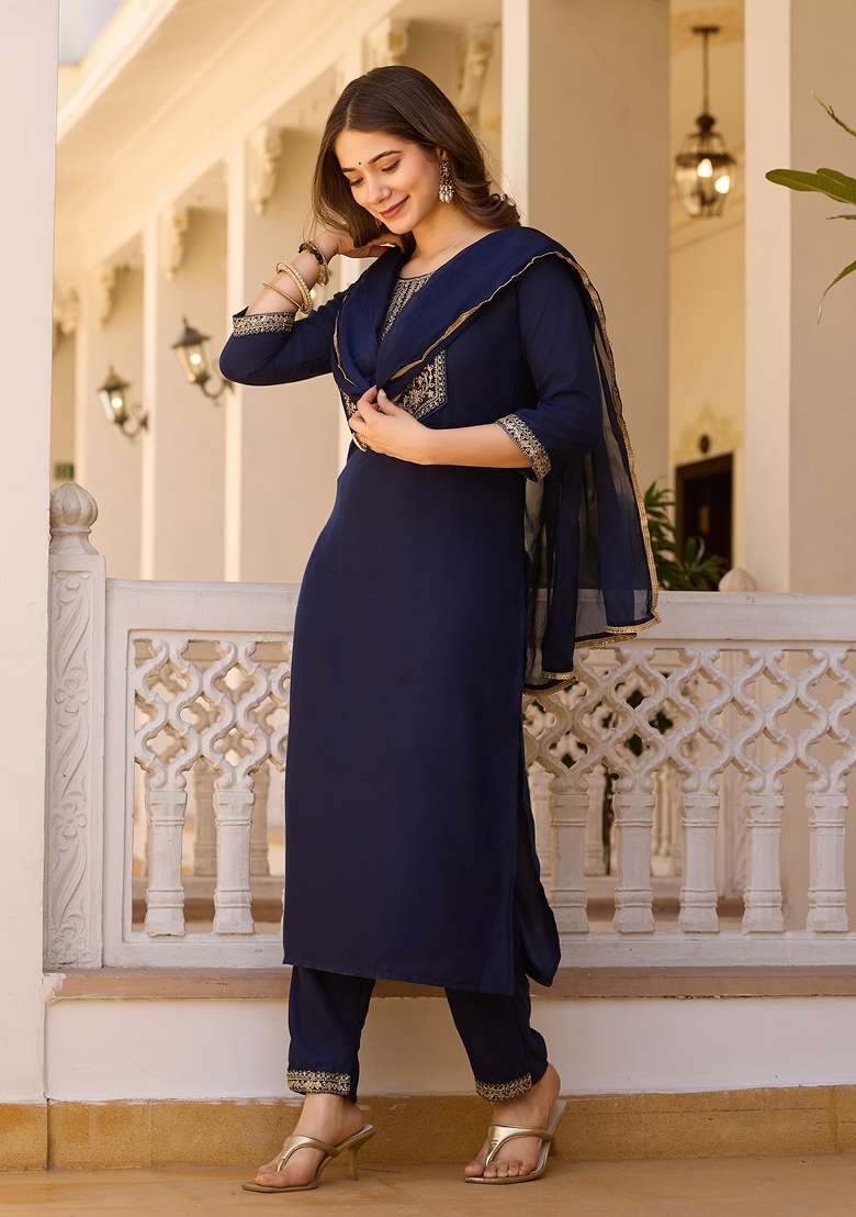 Navy Blue Sequins Chinon Kurta Set - Indya