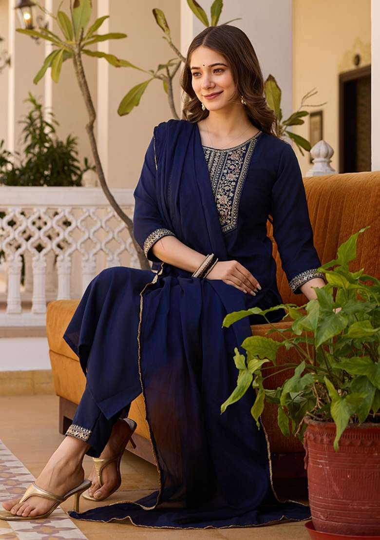 Navy Blue Sequins Chinon Kurta Set - Indya