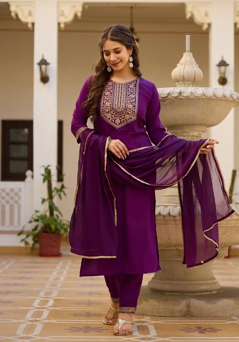 Wine Sequins Chinon Kurta Set