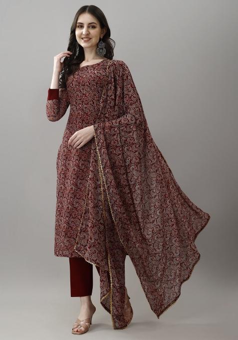 Maroon Sequins Chinon Kurta Set