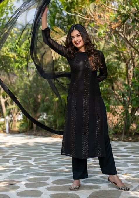 Black Sequins Chinon Kurta Set