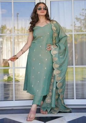 Teal Sequins Chinon Kurta Set