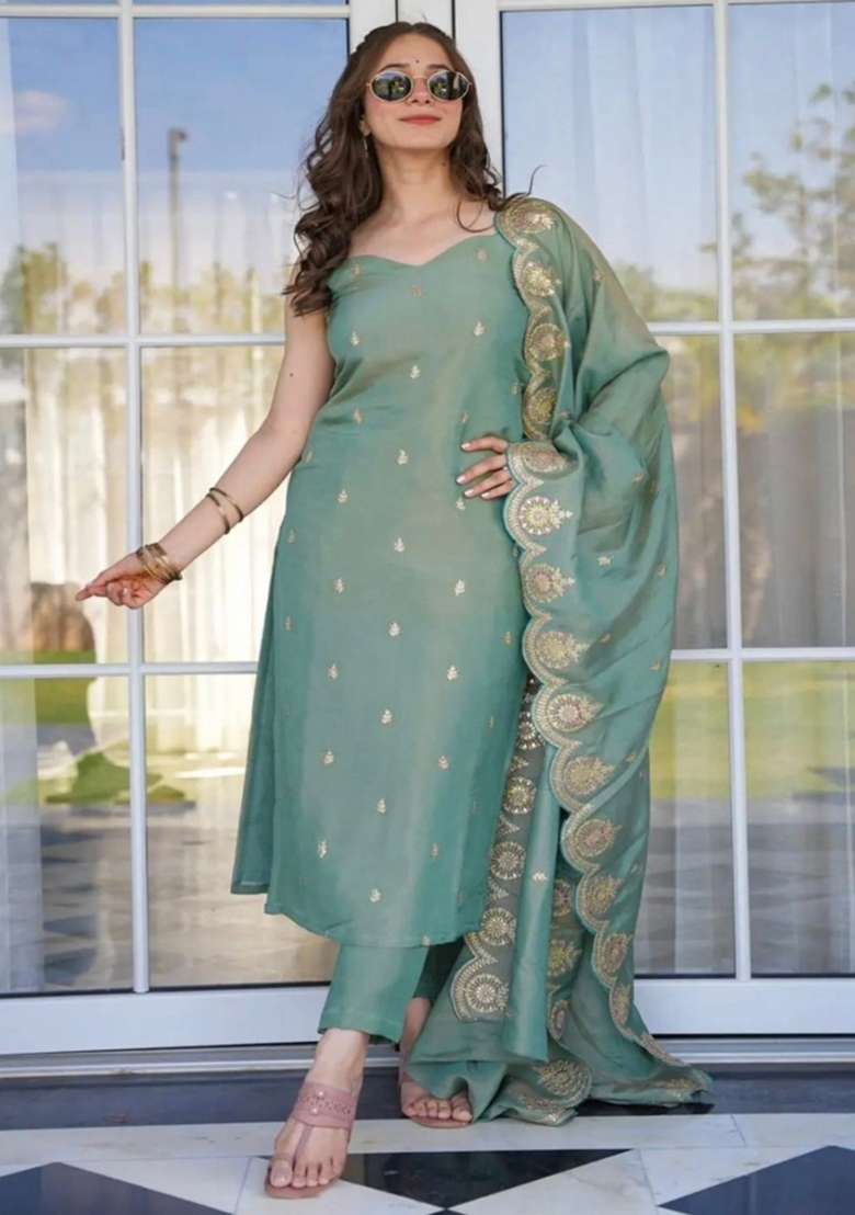 Teal Sequins Chinon Kurta Set - Indya