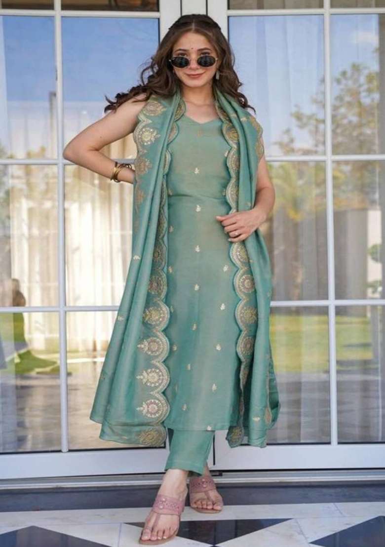 Teal Sequins Chinon Kurta Set - Indya