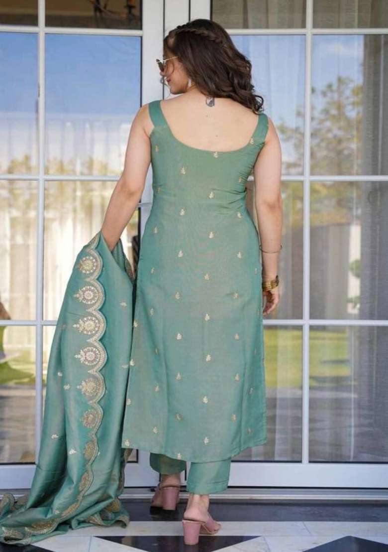 Teal Sequins Chinon Kurta Set - Indya