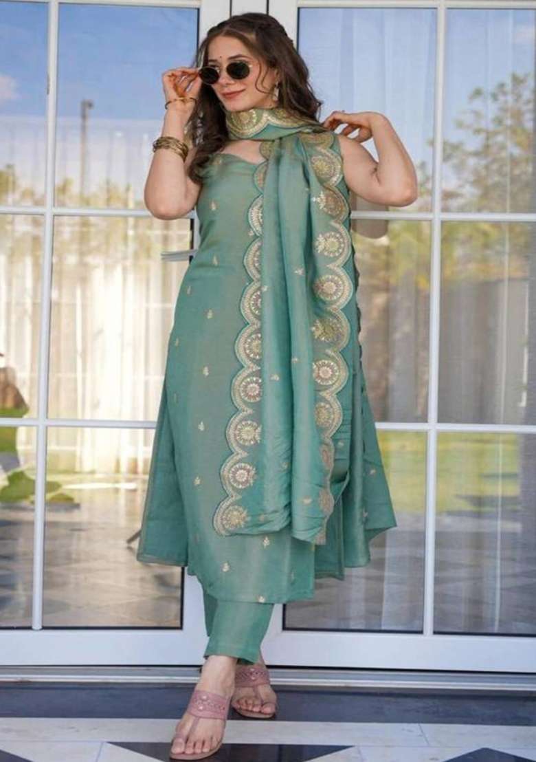 Teal Sequins Chinon Kurta Set - Indya