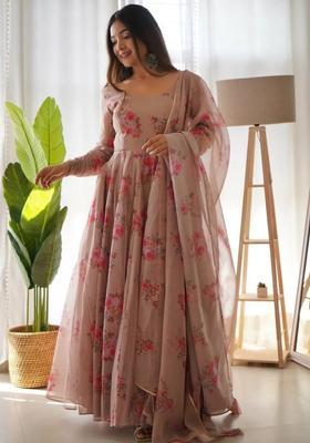 Chiku Printed Georgette Gown With Dupatta