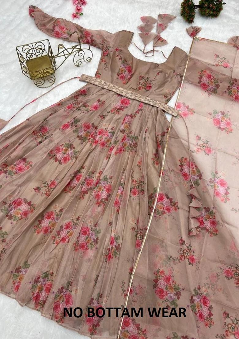 Chiku Printed Georgette Gown With Dupatta - Indya