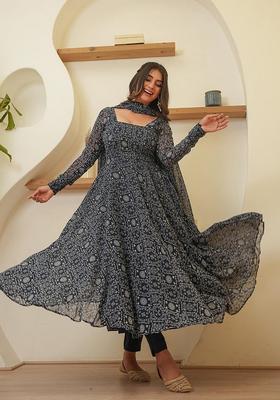 Black Printed Georgette Gown With Dupatta