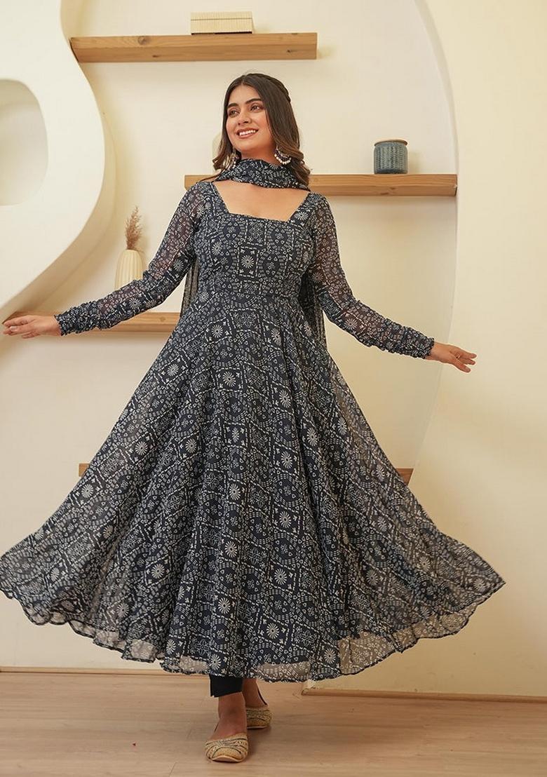 Black Printed Georgette Gown With Dupatta - Indya