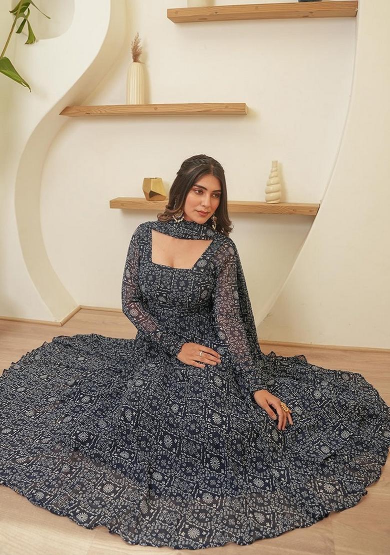 Black Printed Georgette Gown With Dupatta - Indya