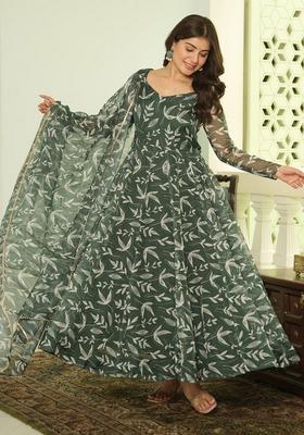 Grey Motif Georgette Gown With Dupatta