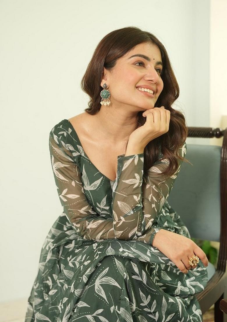 Grey Motif Georgette Gown With Dupatta - Indya