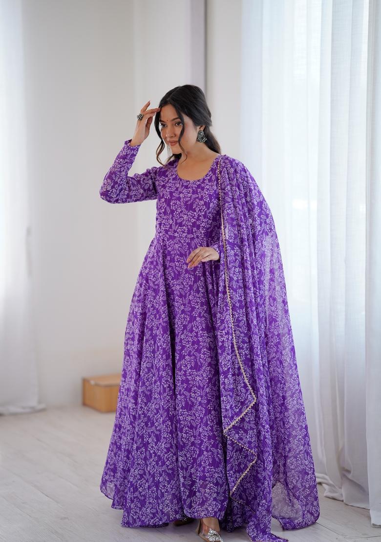Purple Printed Georgette Gown With Dupatta - Indya