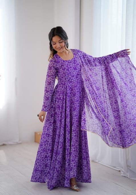 Purple Printed Georgette Gown With Dupatta