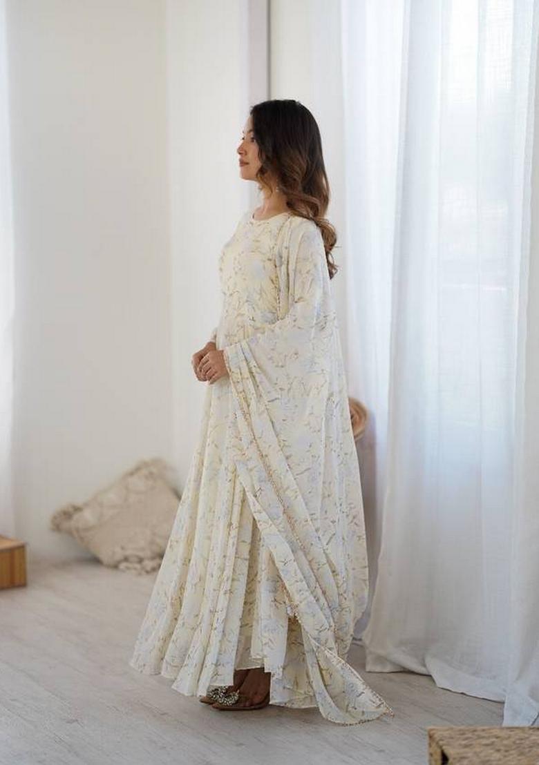 White Printed Georgette Gown With Dupatta - Indya