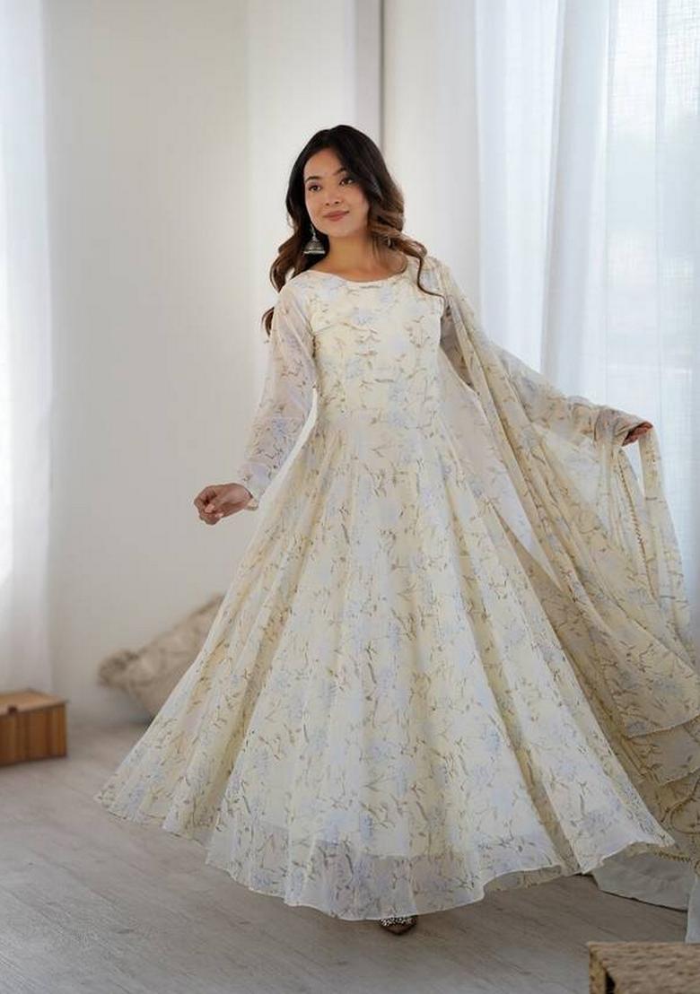 White Printed Georgette Gown With Dupatta - Indya