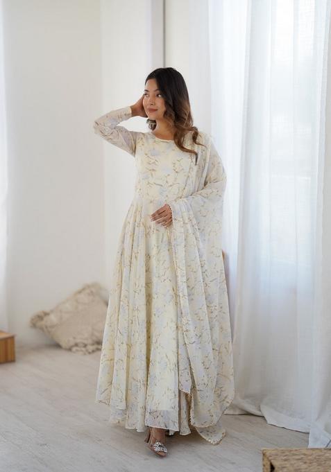 White Printed Georgette Gown With Dupatta