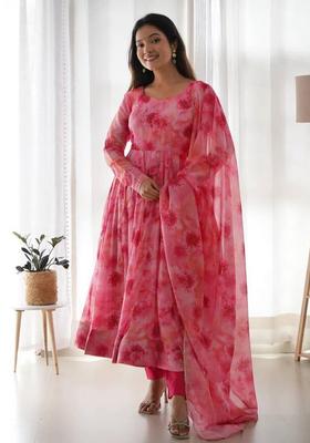 Pink Motif Georgette Gown With Dupatta