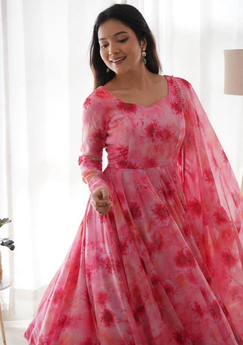 Pink Motif Georgette Gown With Dupatta - Indya