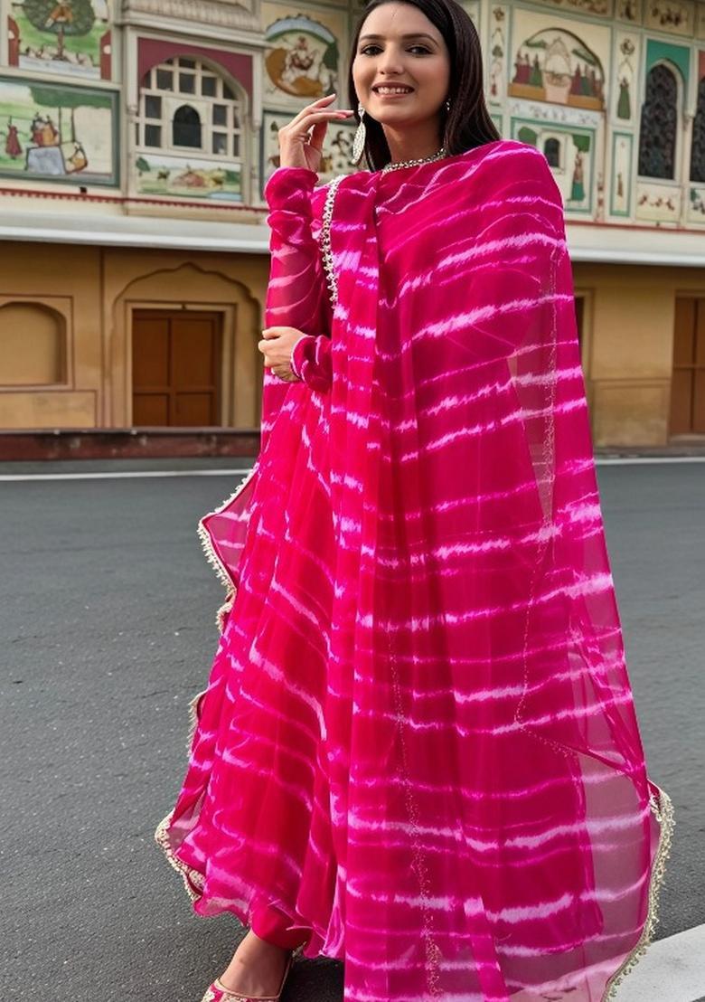 Pink Printed Georgette Gown With Dupatta - Indya