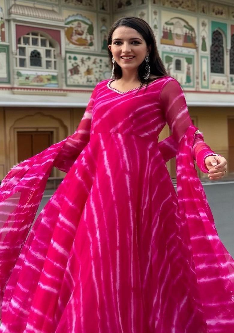 Pink Printed Georgette Gown With Dupatta - Indya