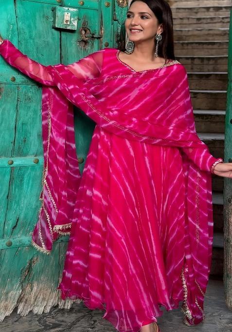 Pink Printed Georgette Gown With Dupatta