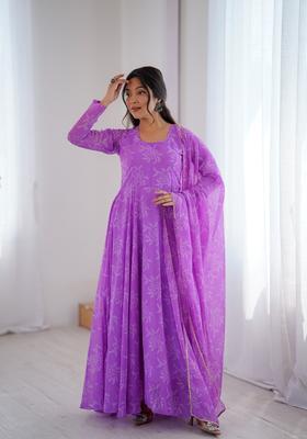 Purple Printed Georgette Gown With Dupatta