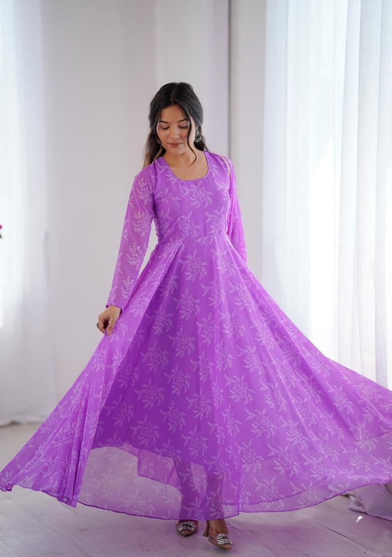 Purple Printed Georgette Gown With Dupatta - Indya