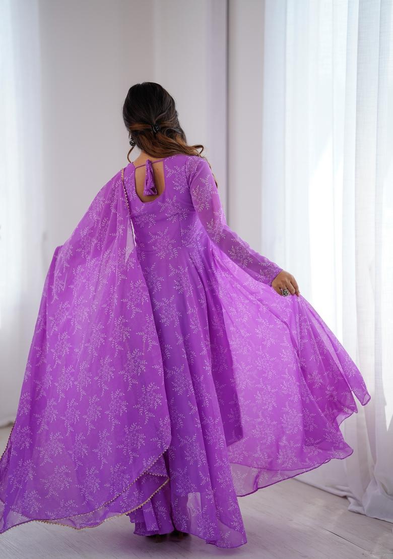 Purple Printed Georgette Gown With Dupatta - Indya