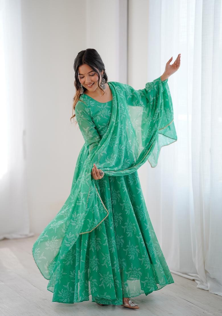 Green Printed Georgette Gown With Dupatta - Indya