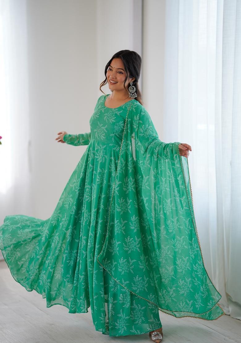 Green Printed Georgette Gown With Dupatta - Indya